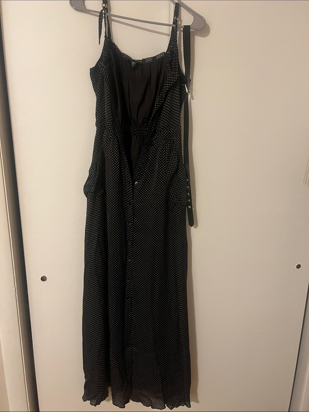 bebe Black Maxi Dress with White Polka Dots and Spaghetti Straps
